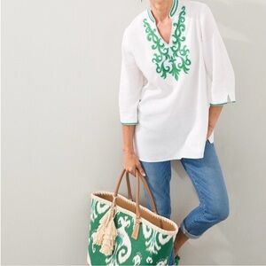 Chico's White and Green Embroidered Tunic